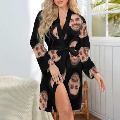 Custom 2 Pcs Face Print Pajamas-Custom Husband's Face Sleepwear Personalized Women's Bath Robe &Women's Nightgown - YesCustom