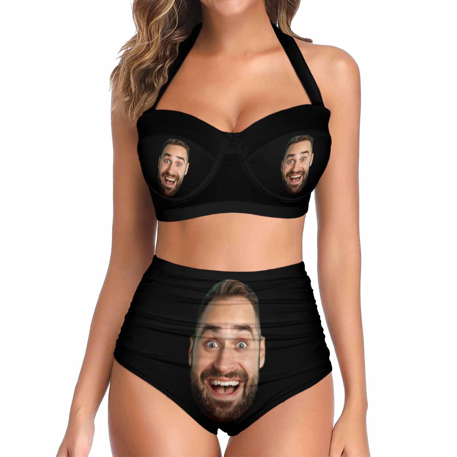 Custom Face Big Face Black Strap Personalized Two-piece Bikini Swimsuit