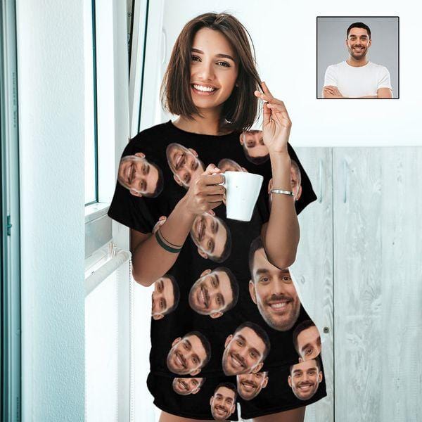 Custom Husband Face Nightwear Pajamas Women's Black Short Pajama Set