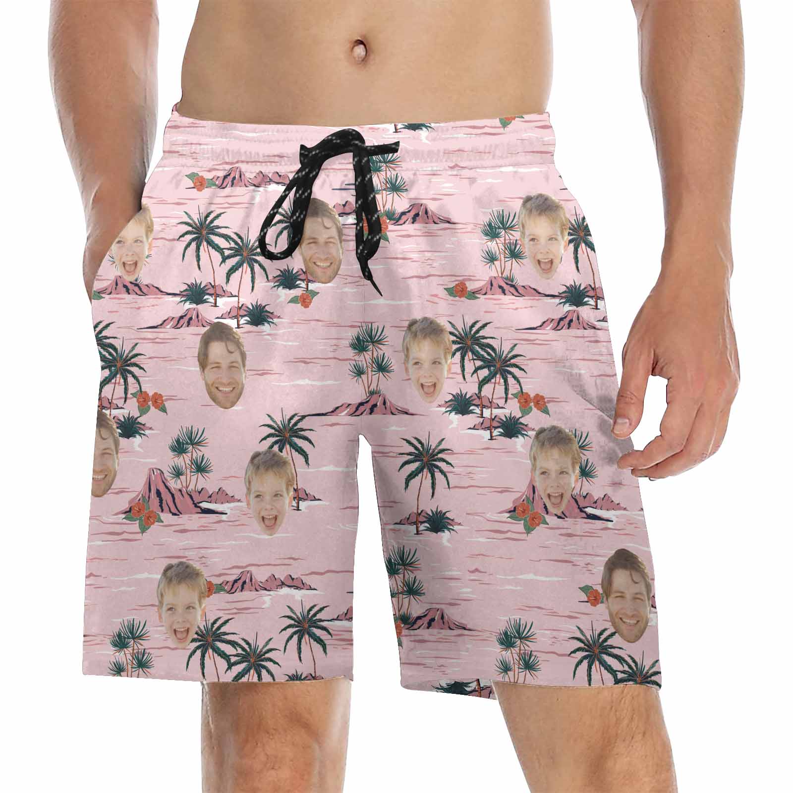 Custom Matching Father Son Swim Trunks Pink Coconut Tree Beach Shorts | Personalized Photo Print Swimwear | Beach Vacation Gift Set