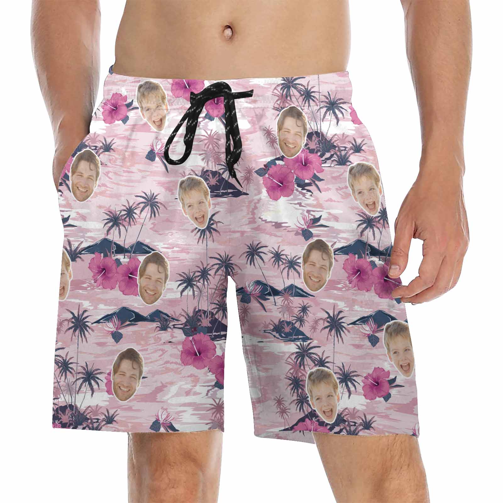 Custom Matching Father Son Swim Trunks Pink Beach Shorts | Personalized Photo Print Swimwear | Beach Vacation Gift Set