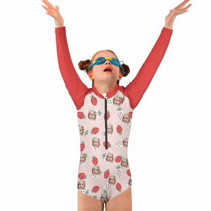 Custom Face Strawberry Girls' Long Sleeve One-Piece Swimsuit