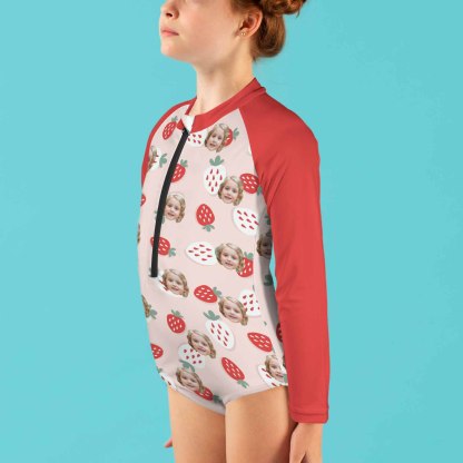 Custom Face Strawberry Girls' Long Sleeve One-Piece Swimsuit