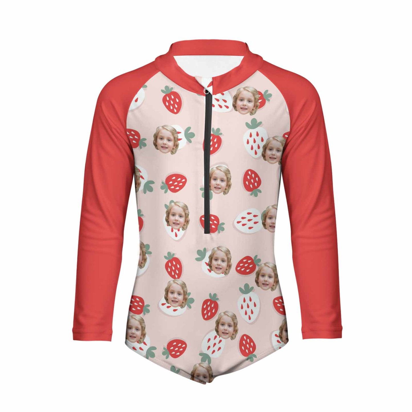 Custom Face Strawberry Girls' Long Sleeve One-Piece Swimsuit