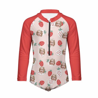 Custom Face Strawberry Girls' Long Sleeve One-Piece Swimsuit