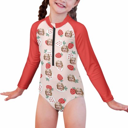 Custom Face Strawberry Girls' Long Sleeve One-Piece Swimsuit