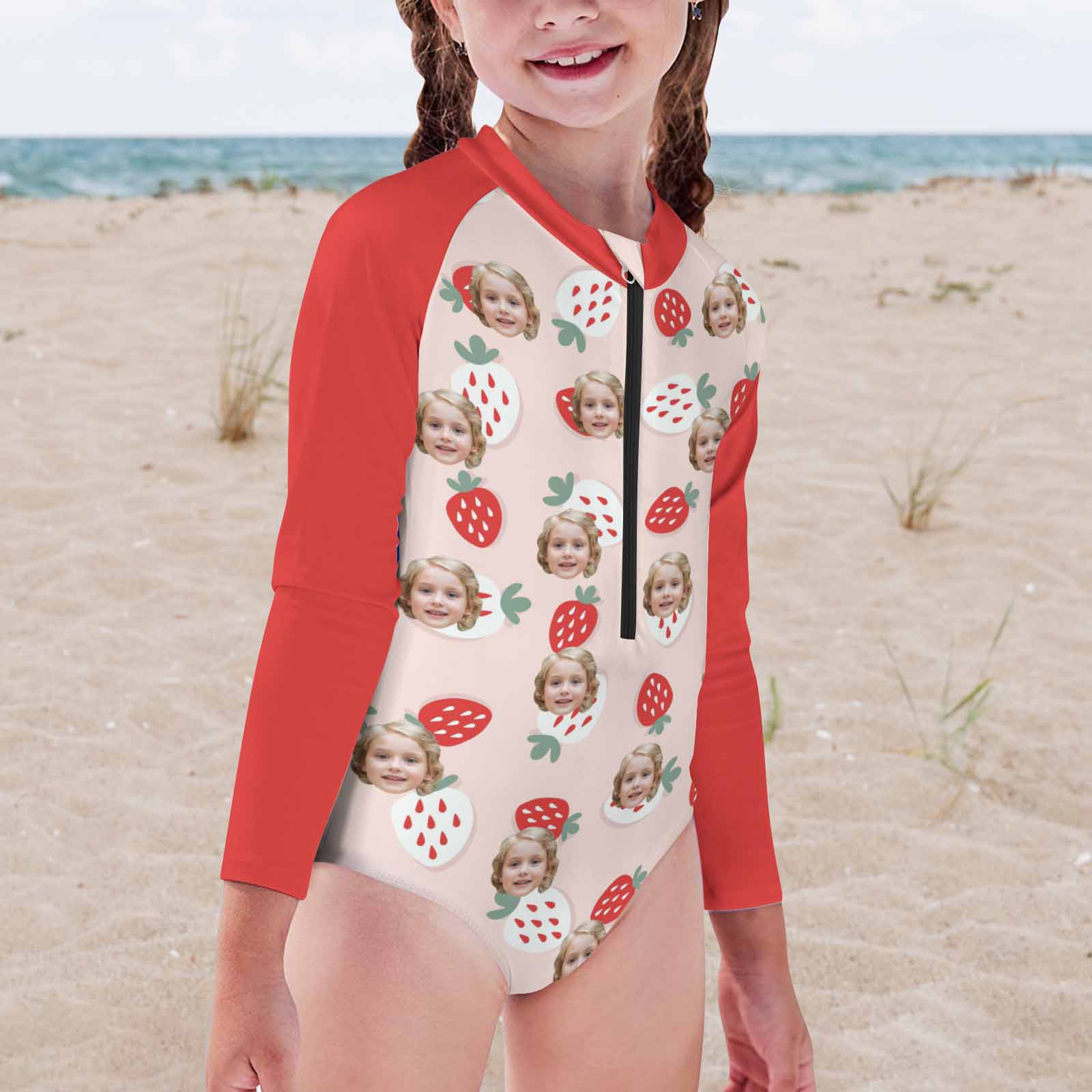 Custom Face Strawberry Girls' Long Sleeve One-Piece Swimsuit