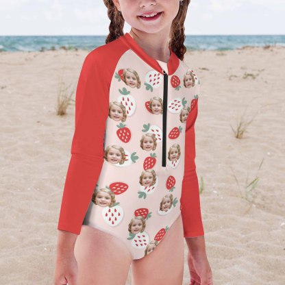 Custom Face Strawberry Girls' Long Sleeve One-Piece Swimsuit
