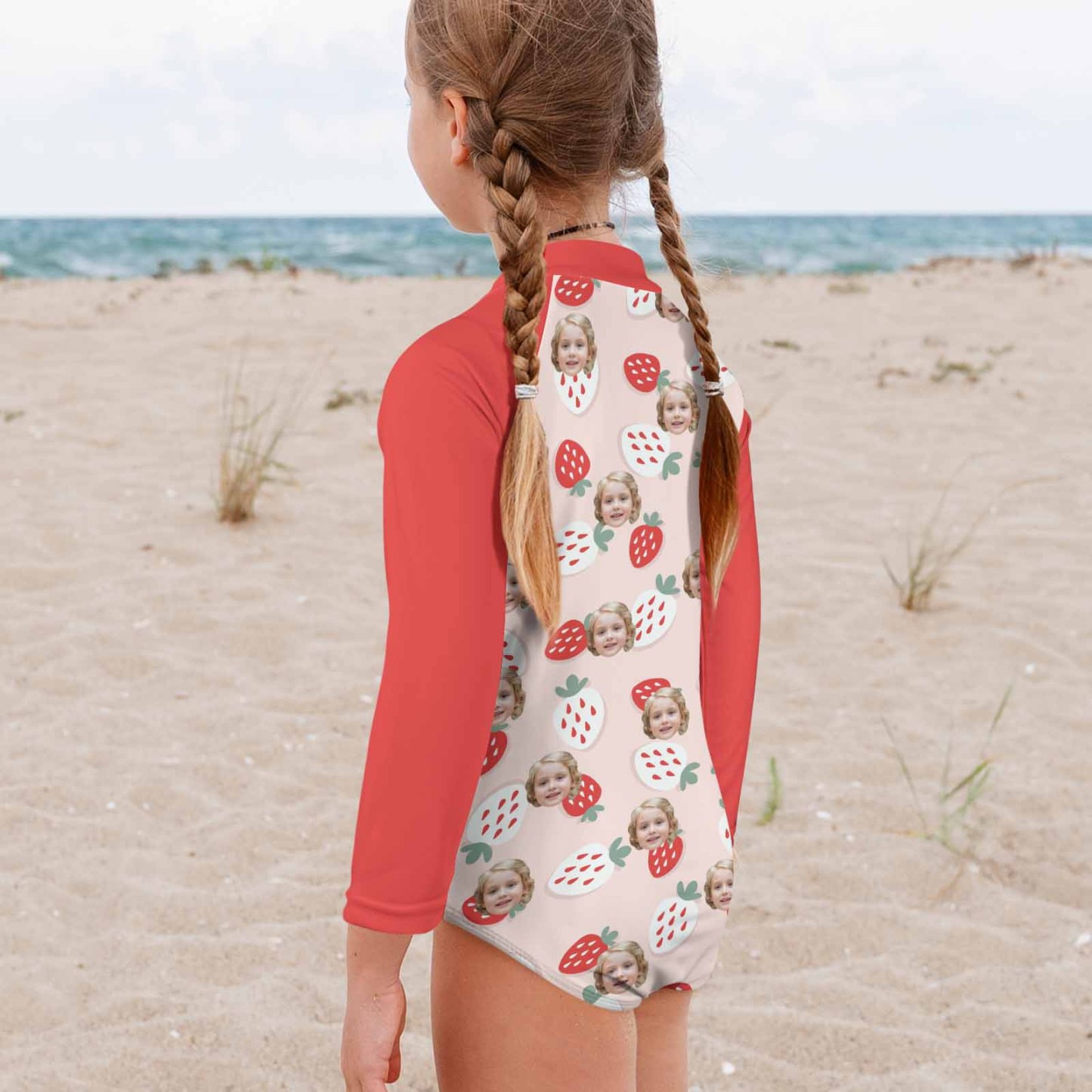 Custom Face Strawberry Girls' Long Sleeve One-Piece Swimsuit