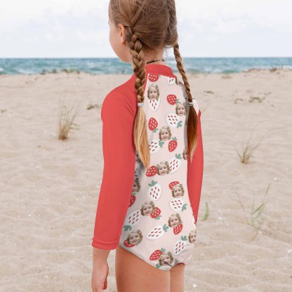 Custom Face Strawberry Girls' Long Sleeve One-Piece Swimsuit