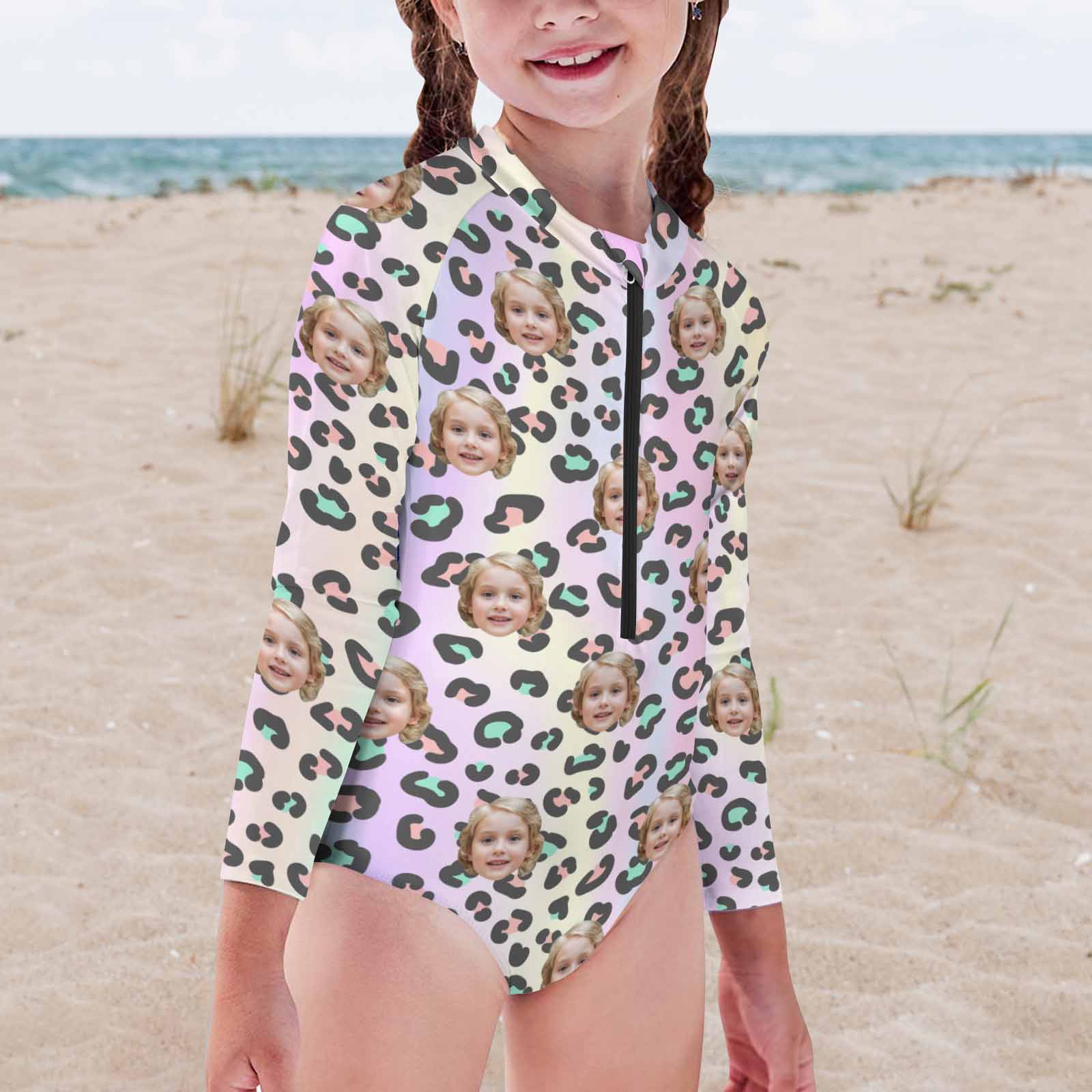 Custom Face Colorful Girls' Long Sleeve One-Piece Swimsuit