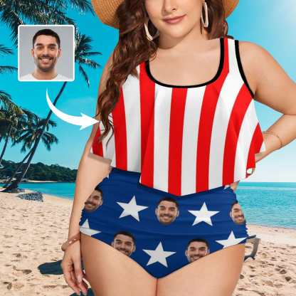 Custom #Ruffle Tankini #4th of July #Plus Size Up 5XL Custom Face American Flag Ruffle Tankini Swimsuit Personalized Women's Two Piece Bathing Suit Summer Set Beach Pool Outfits - YesCustom