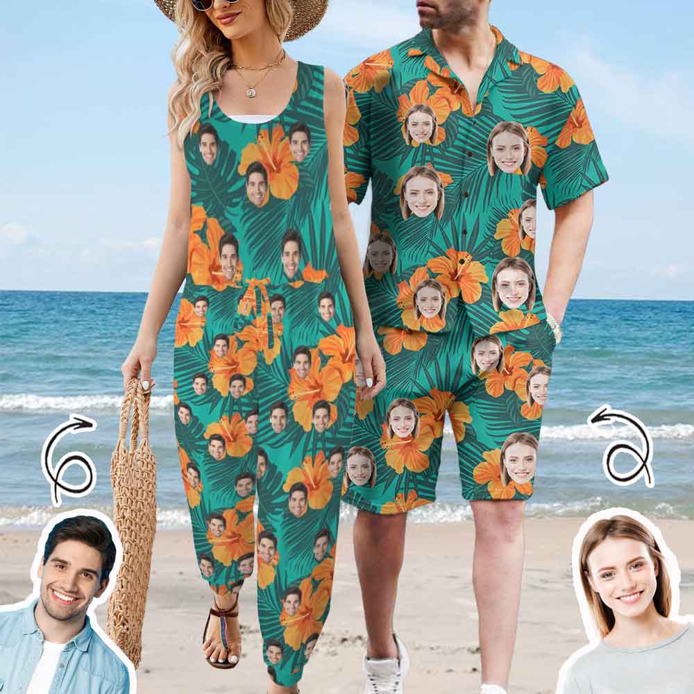 Couple Matching Hawaiian Set Custom Face Men's Hawaiian Shirt Set Women's Jumpsuit For Summer Beach Holiday