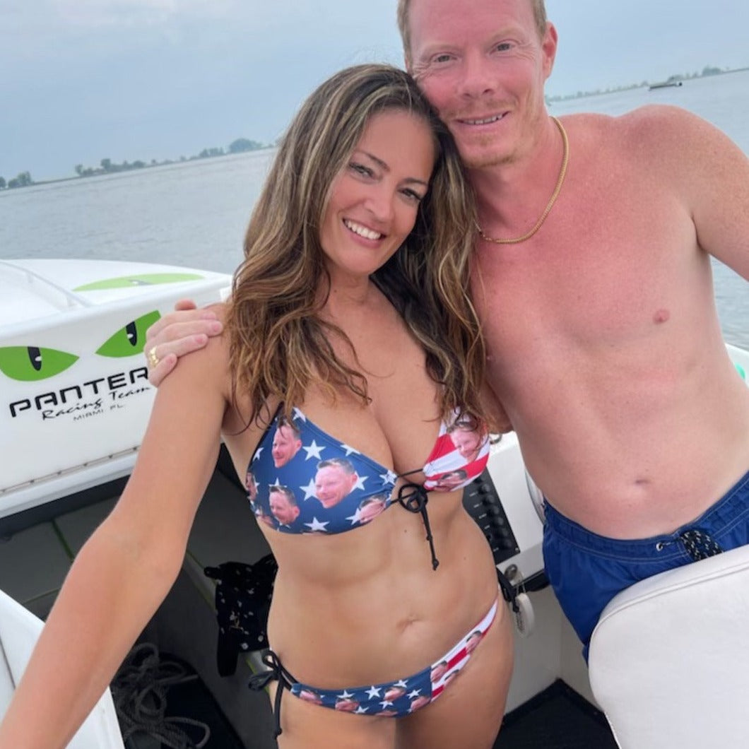 Halter Bikini Top-Custom Face USA Flag Personalized Bikini Swimsuit Top