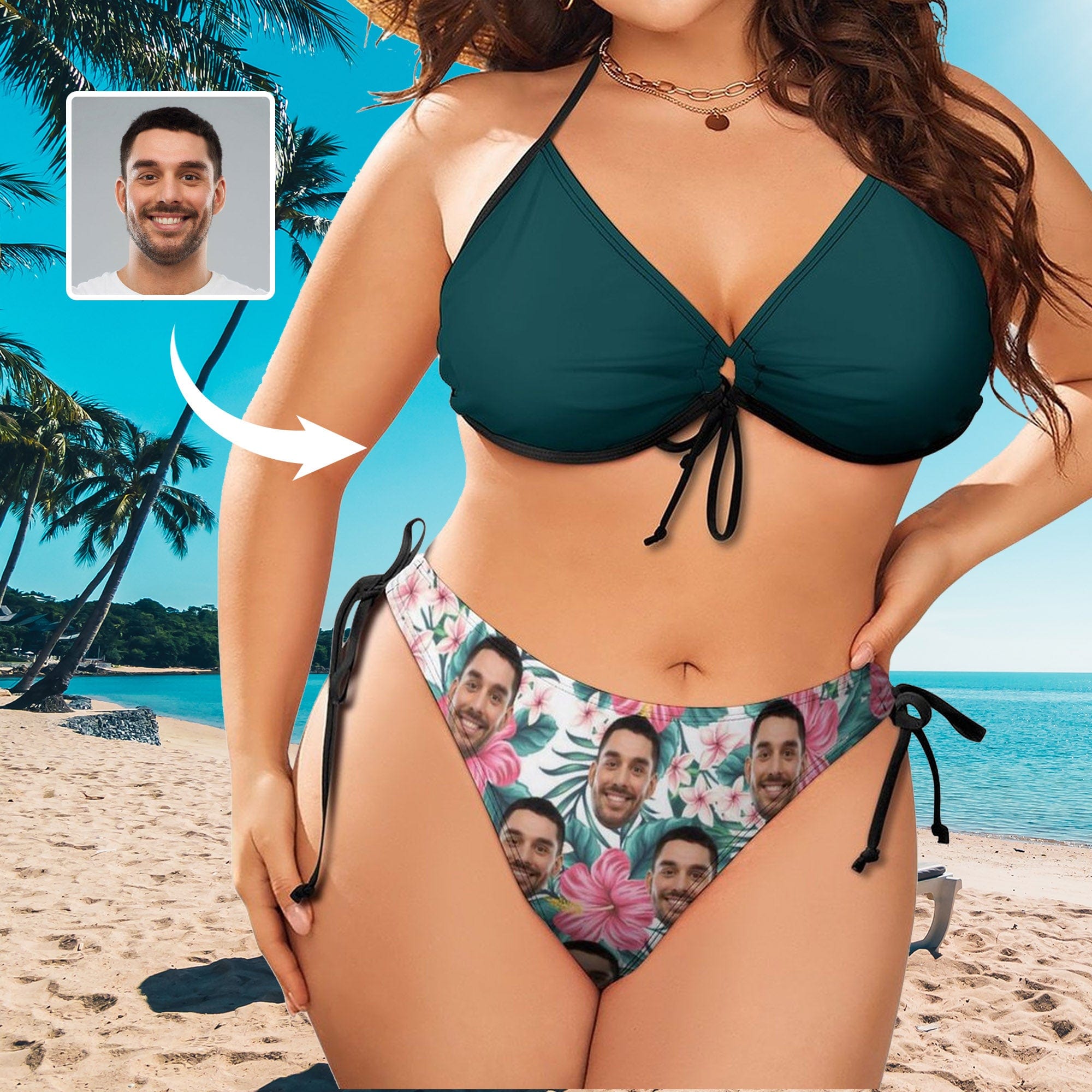 Custom #Plus Size Halter Trikini-Custom Face Green Plus Size Swimsuit String Link Halter Tie Side Low Waisted Triangle Bikini Personalized Bathing Suit - YesCustom