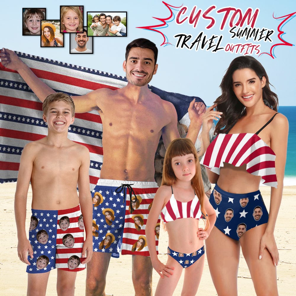 Custom #Family Summer Travel Outfits-Custom Face Stars and Stripes Summer Travels Outfits Family Matching Swimsuit Bikini Set & Swim Trunks & Beach Towel - YesCustom
