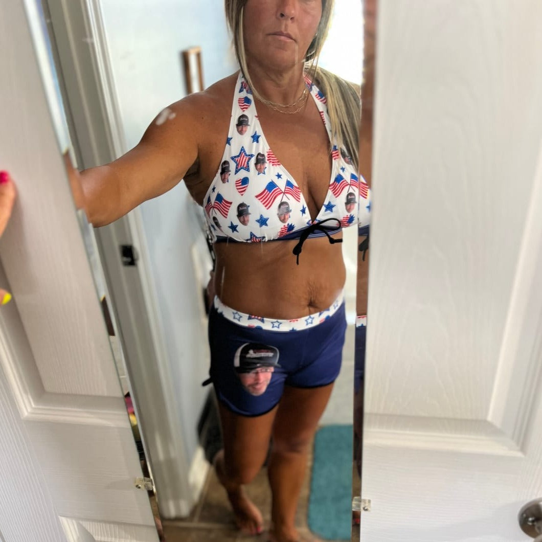 Custom Face American Flag Boyshorts Bikini Set Personalized Halter V Neck Top Athletic Bathing Suit High Waisted Bikini