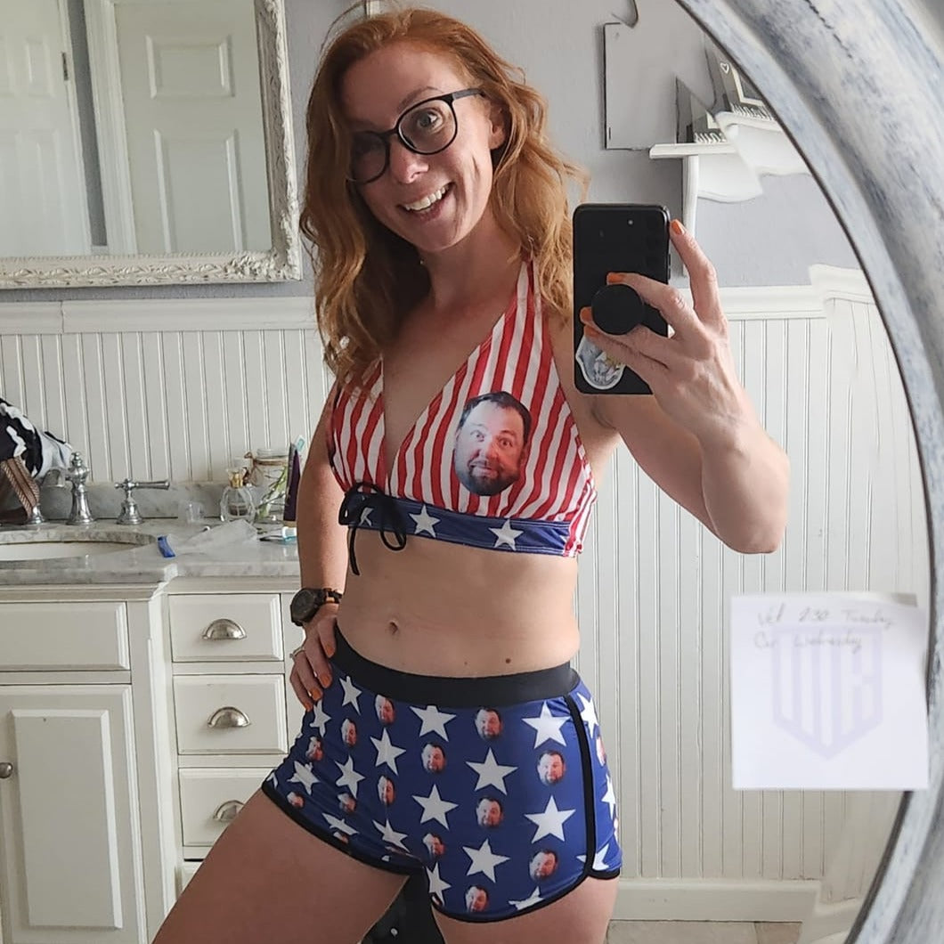 Custom Face Red&Blue American Flag Boyshorts Bikini Set Personalized Halter V Neck Top Athletic Bathing Suit High Waisted Bikini