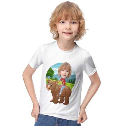 Custom #6-12Y Custom Face Riding a Bear Cute Kid's T-shirt For Boy Girl - YesCustom