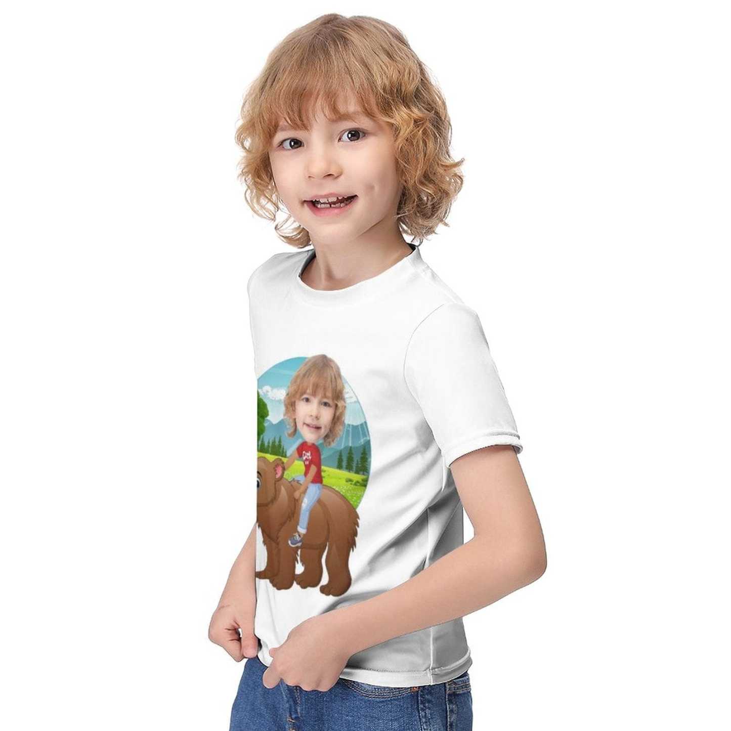 Custom #6-12Y Custom Face Riding a Bear Cute Kid's T-shirt For Boy Girl - YesCustom