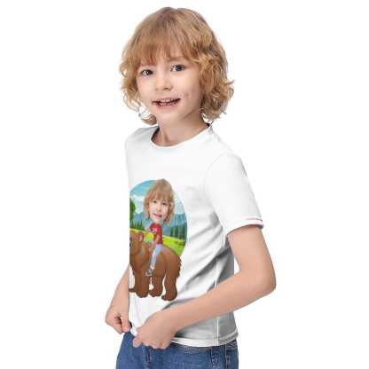 Custom #6-12Y Custom Face Riding a Bear Cute Kid's T-shirt For Boy Girl - YesCustom