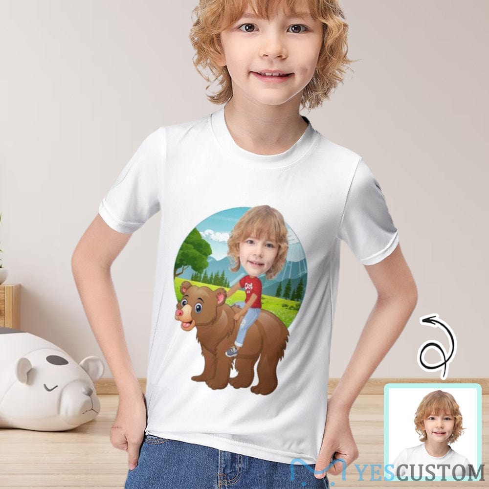 Custom #6-12Y Custom Face Riding a Bear Cute Kid's T-shirt For Boy Girl - YesCustom