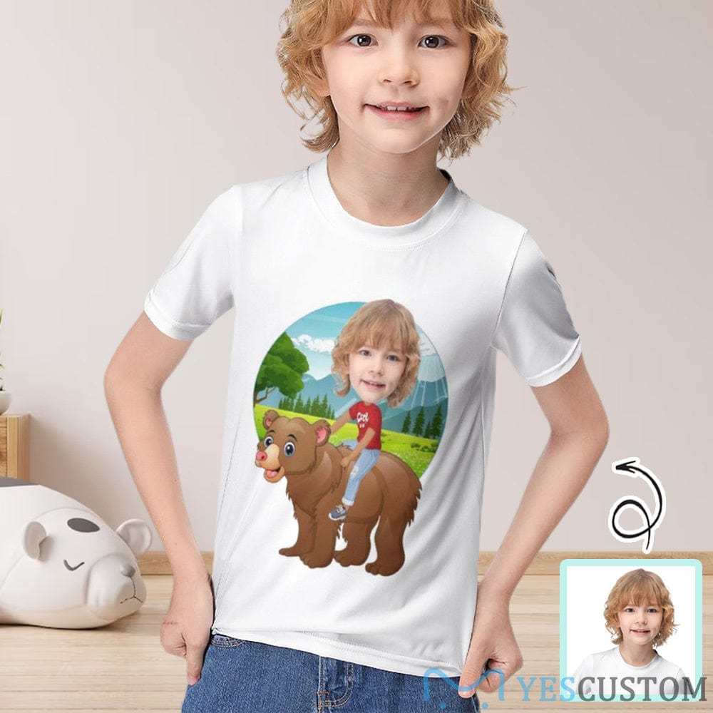 Custom #6-12Y Custom Face Riding a Bear Cute Kid's T-shirt For Boy Girl - YesCustom