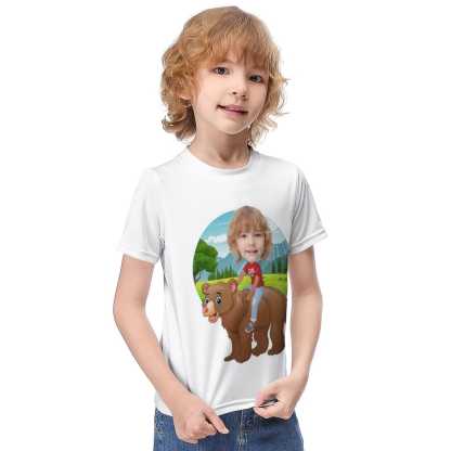 Custom #6-12Y Custom Face Riding a Bear Cute Kid's T-shirt For Boy Girl - YesCustom