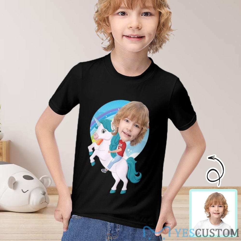 Custom #6-12Y Custom Face Riding a Unicorn Cute Kid's T-shirt For Boy Girl - YesCustom
