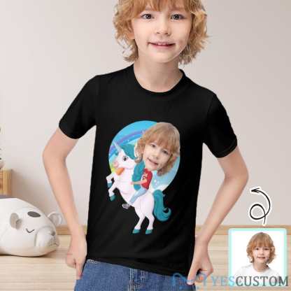 Custom #6-12Y Custom Face Riding a Unicorn Cute Kid's T-shirt For Boy Girl - YesCustom