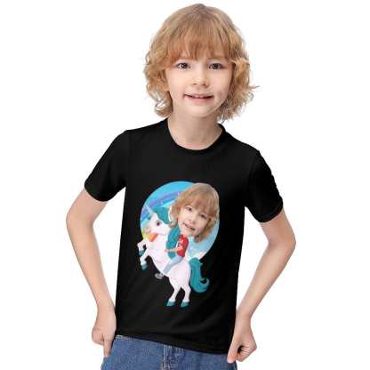 Custom #6-12Y Custom Face Riding a Unicorn Cute Kid's T-shirt For Boy Girl - YesCustom