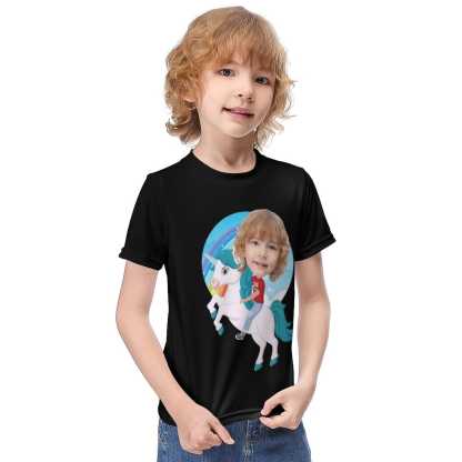 Custom #6-12Y Custom Face Riding a Unicorn Cute Kid's T-shirt For Boy Girl - YesCustom