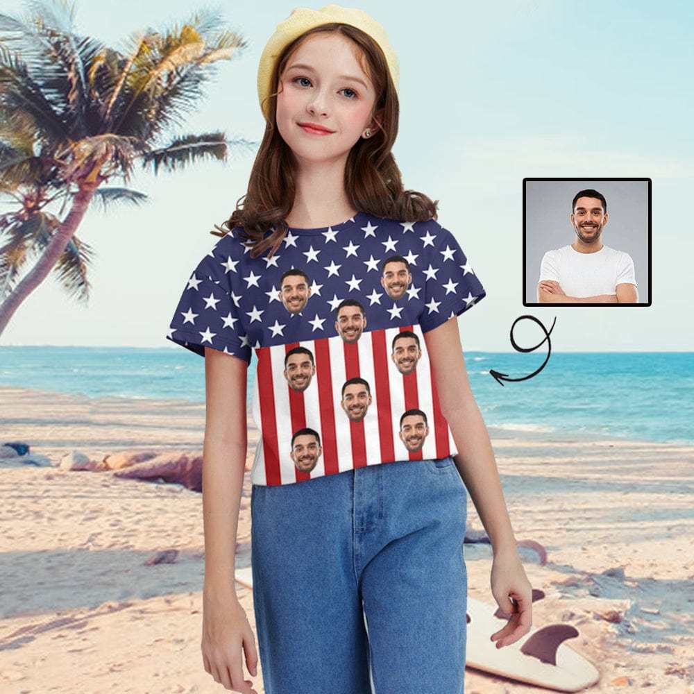 Custom #6-15Y Custom Face American Flag Kid's All Over Print T-shirt - YesCustom