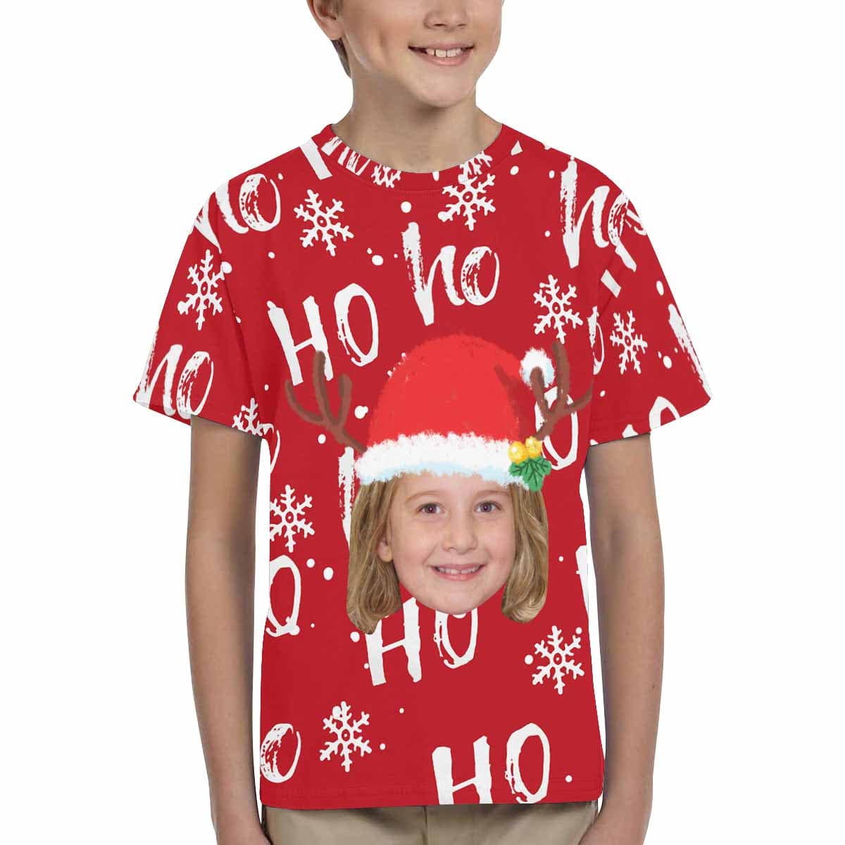 Custom #6-15Y Custom Face Christmas Ho Red Kid's All Over Print T-shirt - YesCustom