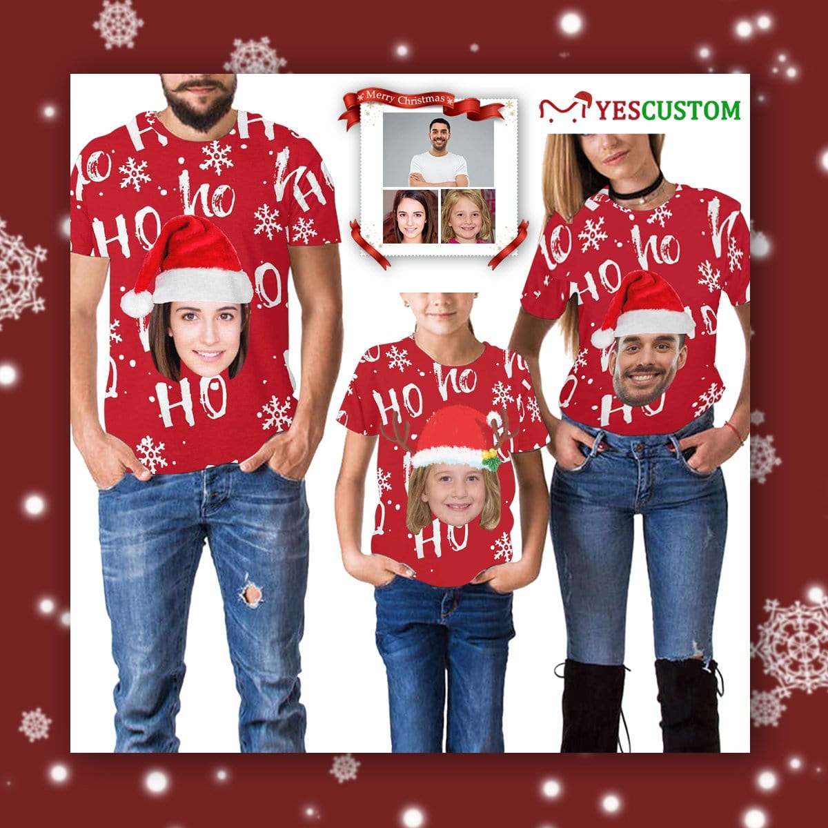 Custom #6-15Y Custom Face Christmas Ho Red Kid's All Over Print T-shirt - YesCustom