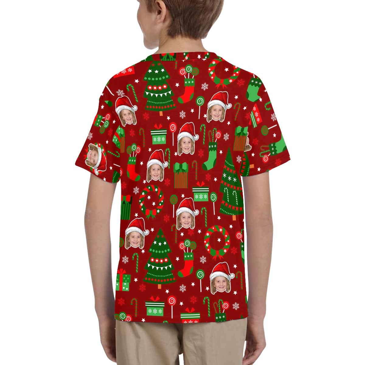 Custom #6-15Y Custom Face Christmas Patterns Red Kid's All Over Print T-shirt - YesCustom