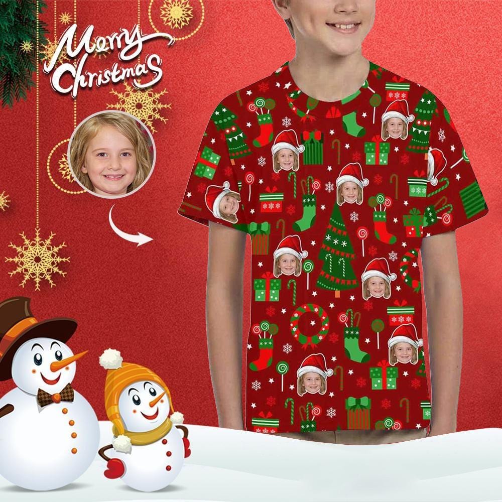 Custom #6-15Y Custom Face Christmas Patterns Red Kid's All Over Print T-shirt - YesCustom