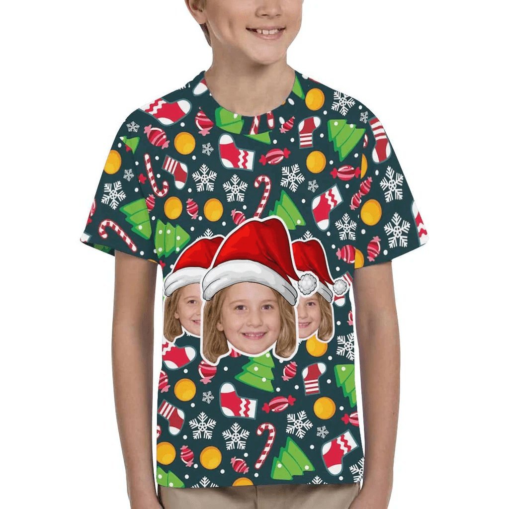 Custom #6-15Y Custom Face Christmas Santa Hat Kid's All Over Print T-shirt - YesCustom