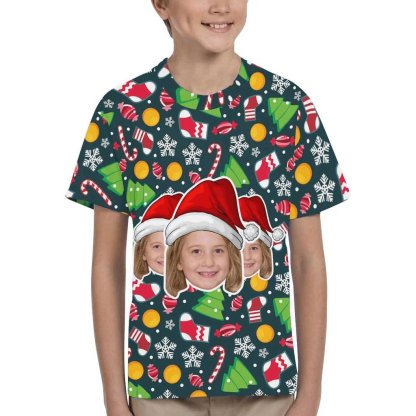 Custom #6-15Y Custom Face Christmas Santa Hat Kid's All Over Print T-shirt - YesCustom