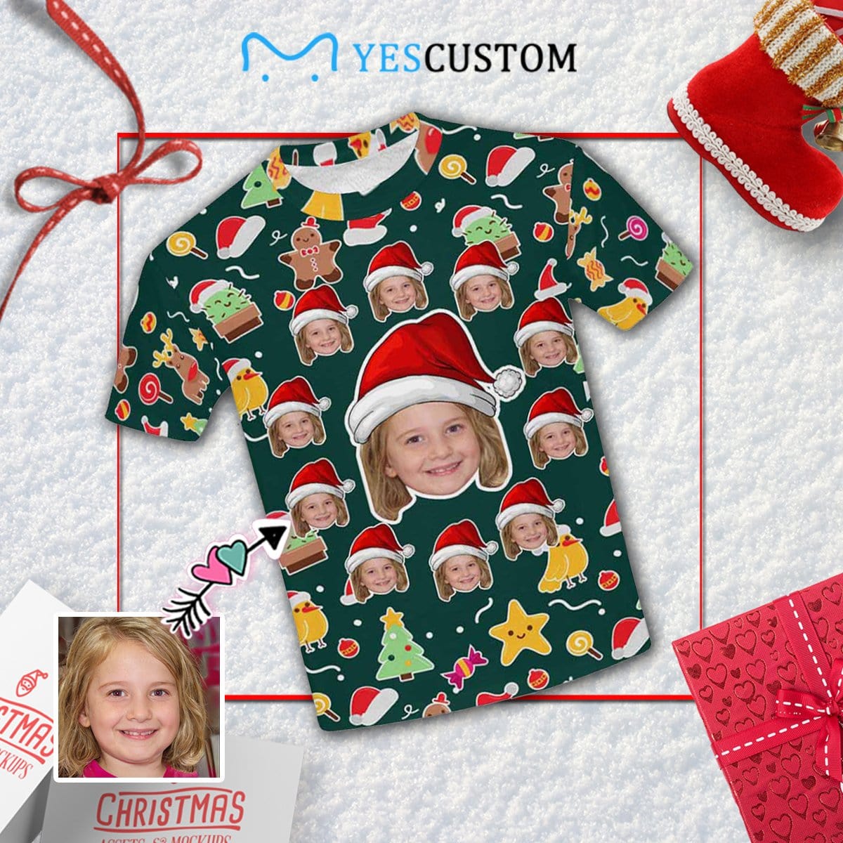 Custom #6-15Y Custom Face Christmas Santa Hat Kid's All Over Print T-shirt - YesCustom