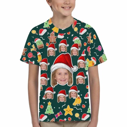 Custom #6-15Y Custom Face Christmas Santa Hat Kid's All Over Print T-shirt - YesCustom