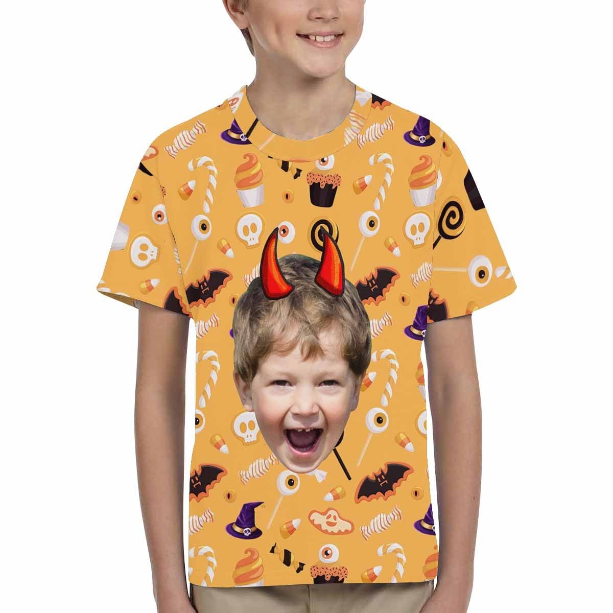 Custom #6-15Y Custom Face Ghost Bat Halloween Kid's All Over Print T-shirt - YesCustom