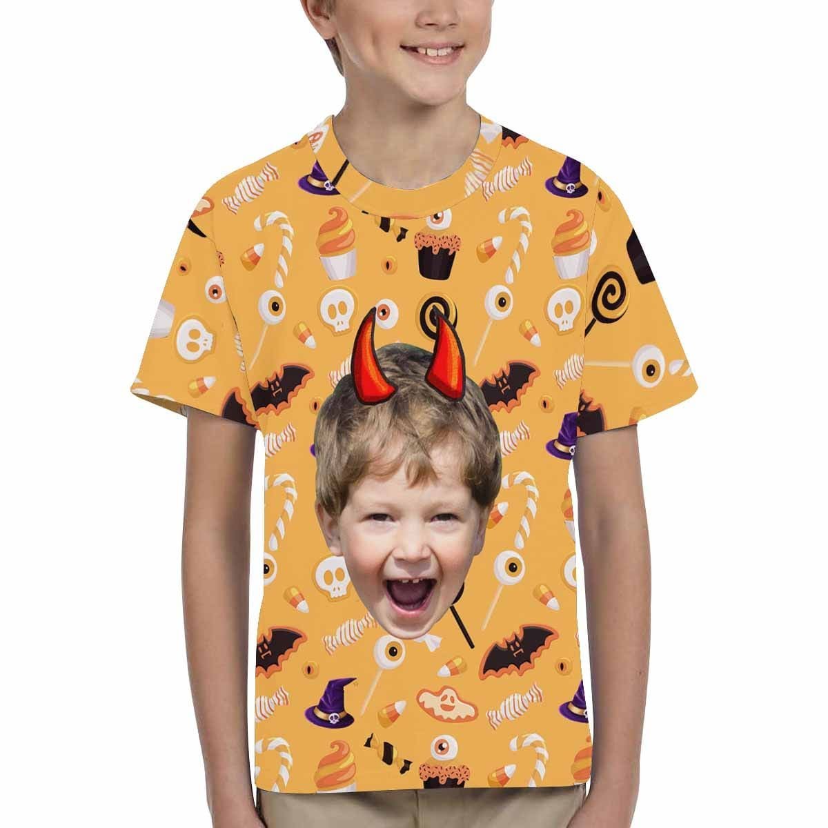 Custom #6-15Y Custom Face Ghost Bat Halloween Kid's All Over Print T-shirt - YesCustom