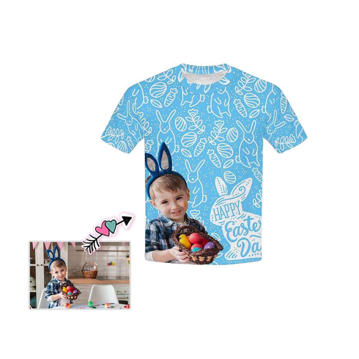 Custom #6-15Y Custom Face Happy Easter Day Blue Kid's All Over Print T-shirt - YesCustom