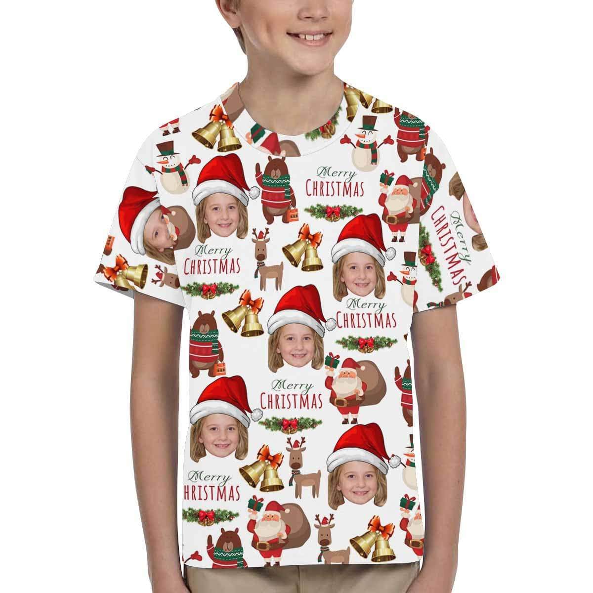 Custom #6-15Y Custom Face Merry Christmas Deer Kid's All Over Print T-shirt - YesCustom