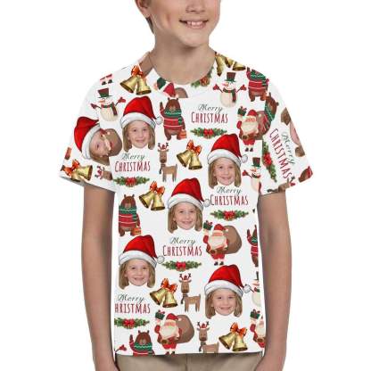 Custom #6-15Y Custom Face Merry Christmas Deer Kid's All Over Print T-shirt - YesCustom