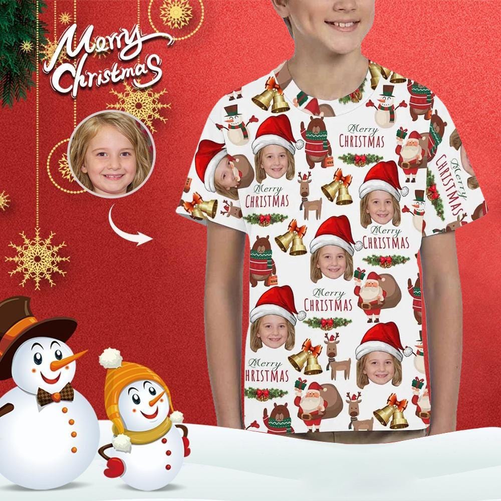 Custom #6-15Y Custom Face Merry Christmas Deer Kid's All Over Print T-shirt - YesCustom