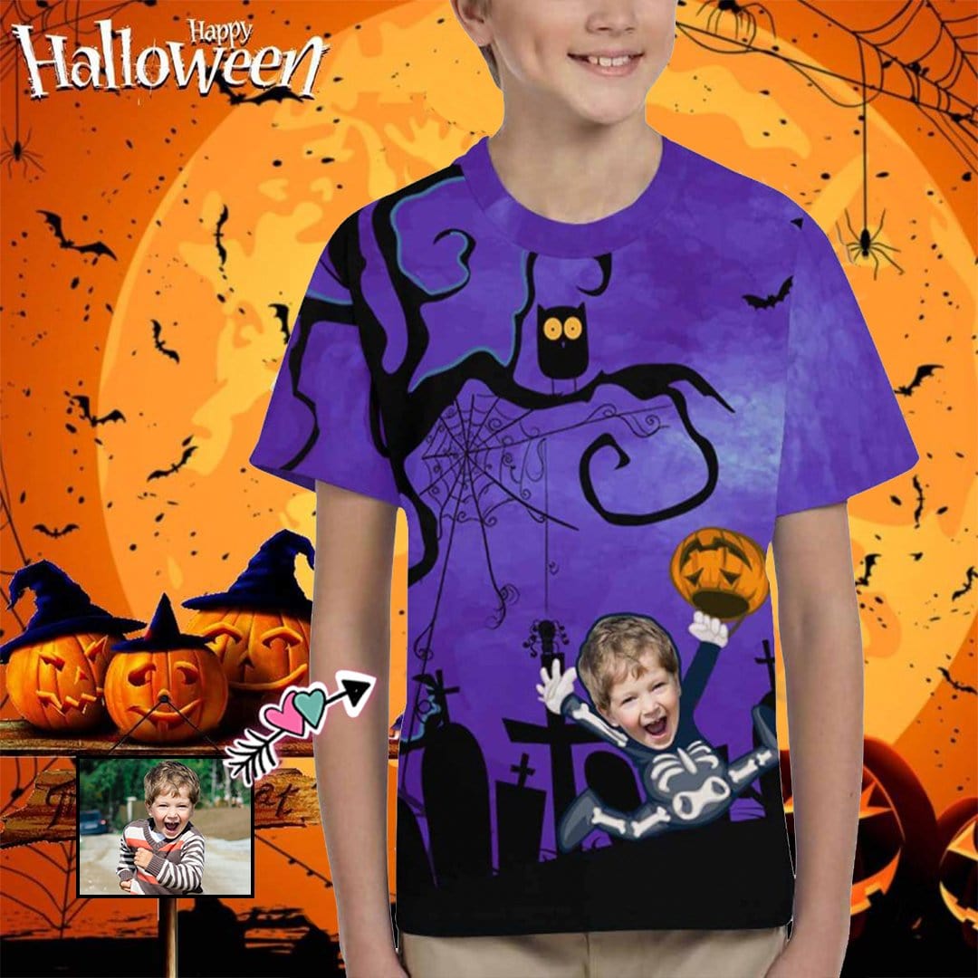 Custom #6-15Y Custom Face Pumpkin Lantern Owl Halloween Kid's All Over Print T-shirt - YesCustom