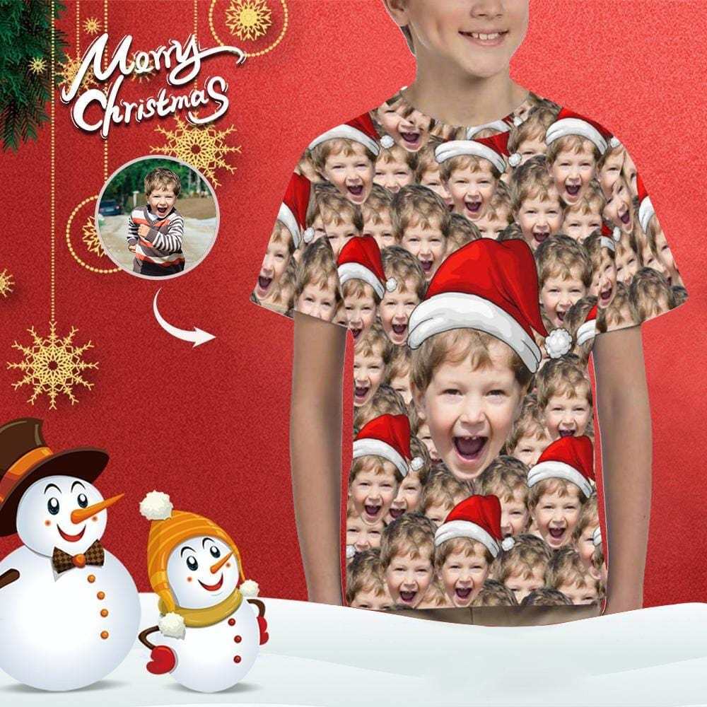 Custom #6-15Y Custom Face Seamless Christmas Hat Cute Boy Kid's All Over Print T-shirt - YesCustom