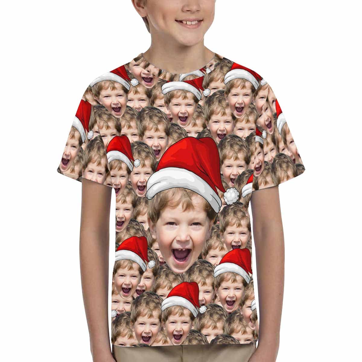 Custom #6-15Y Custom Face Seamless Christmas Hat Cute Boy Kid's All Over Print T-shirt - YesCustom